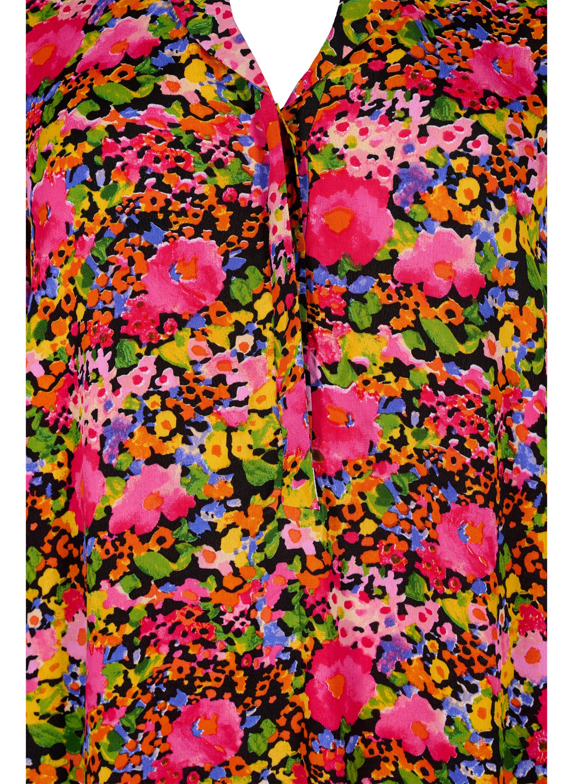 ZizziGebloemde viscose tuniek met 3/4 mouwen, Neon Flower Print, Packshot image number 2