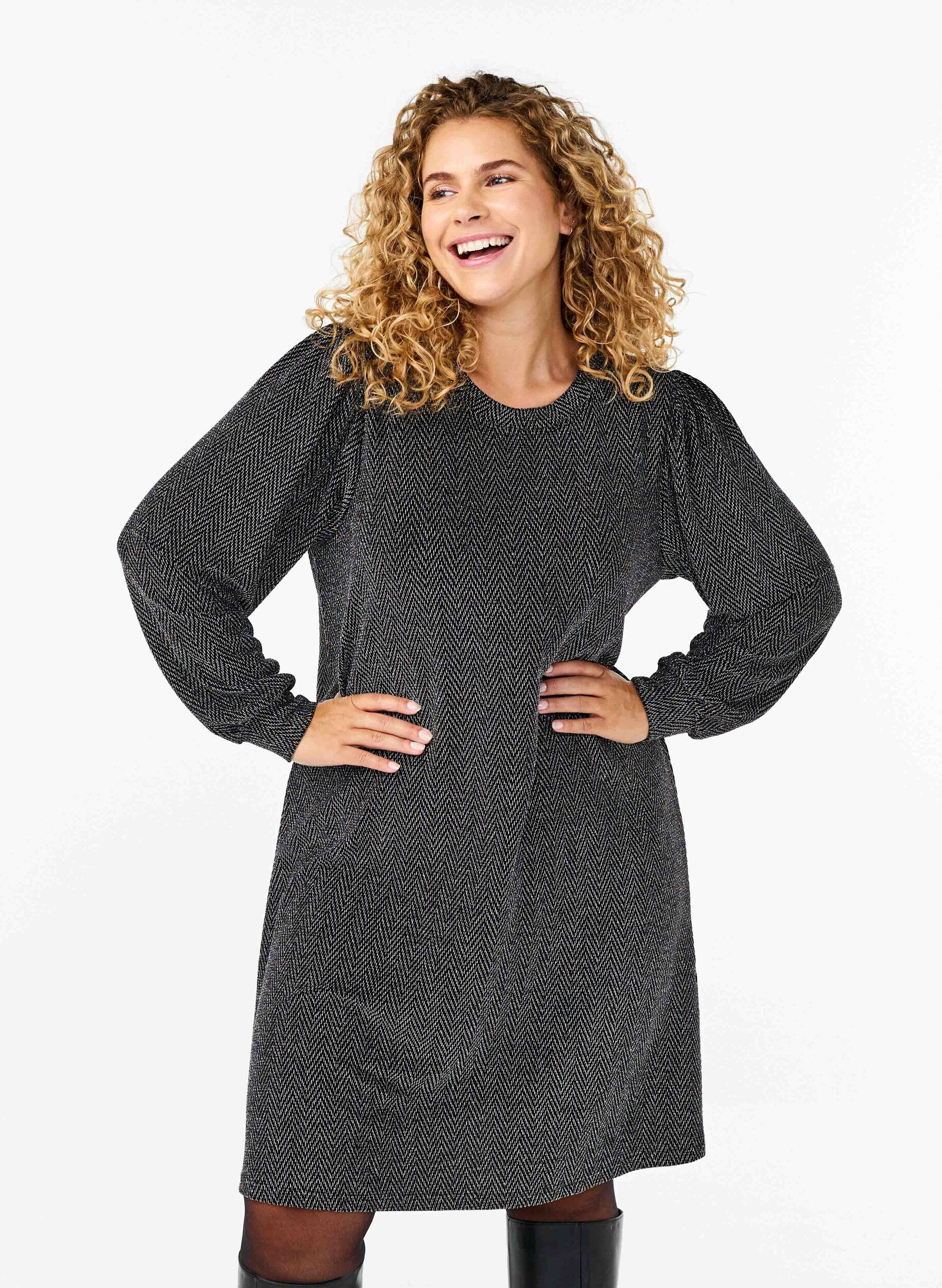 Zizzi Robe avec un motif en zigzag et des paillettes, Silver ZigZagShimmer, Model image number 0