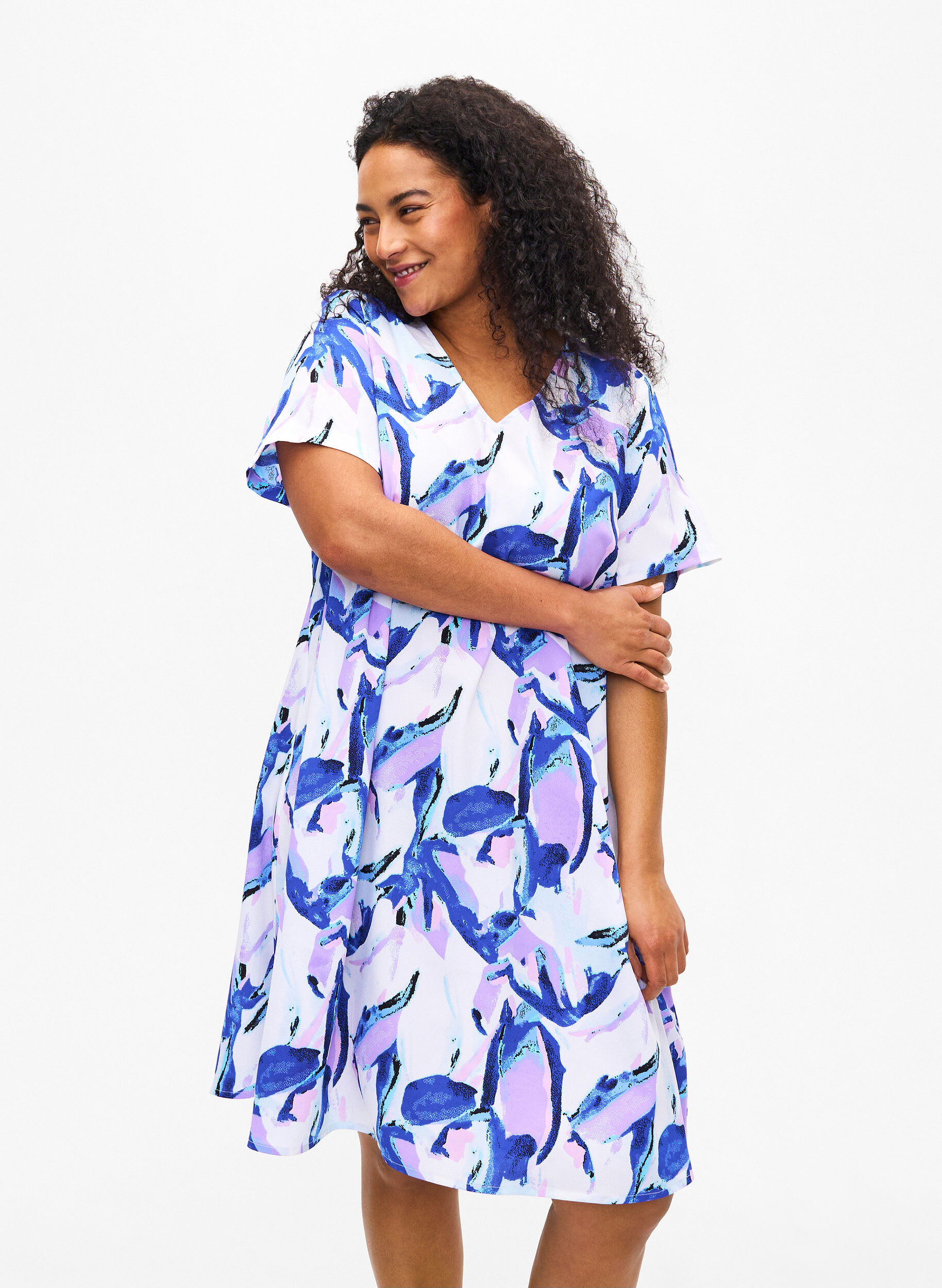 ZizziFLASH - Jurk met V-hals en print, Snow White Flower, Model image number 0