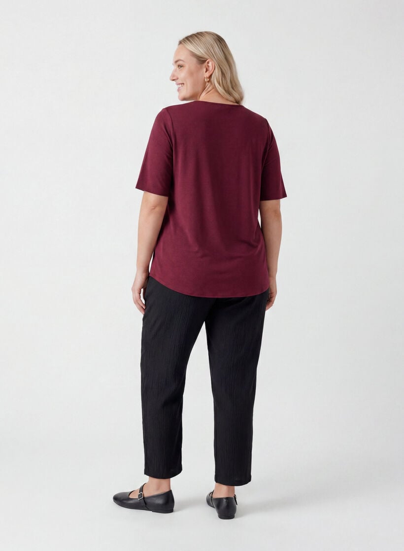 Geweven blouse met korte mouwen en ronde hals, Rood, Model image number 2
