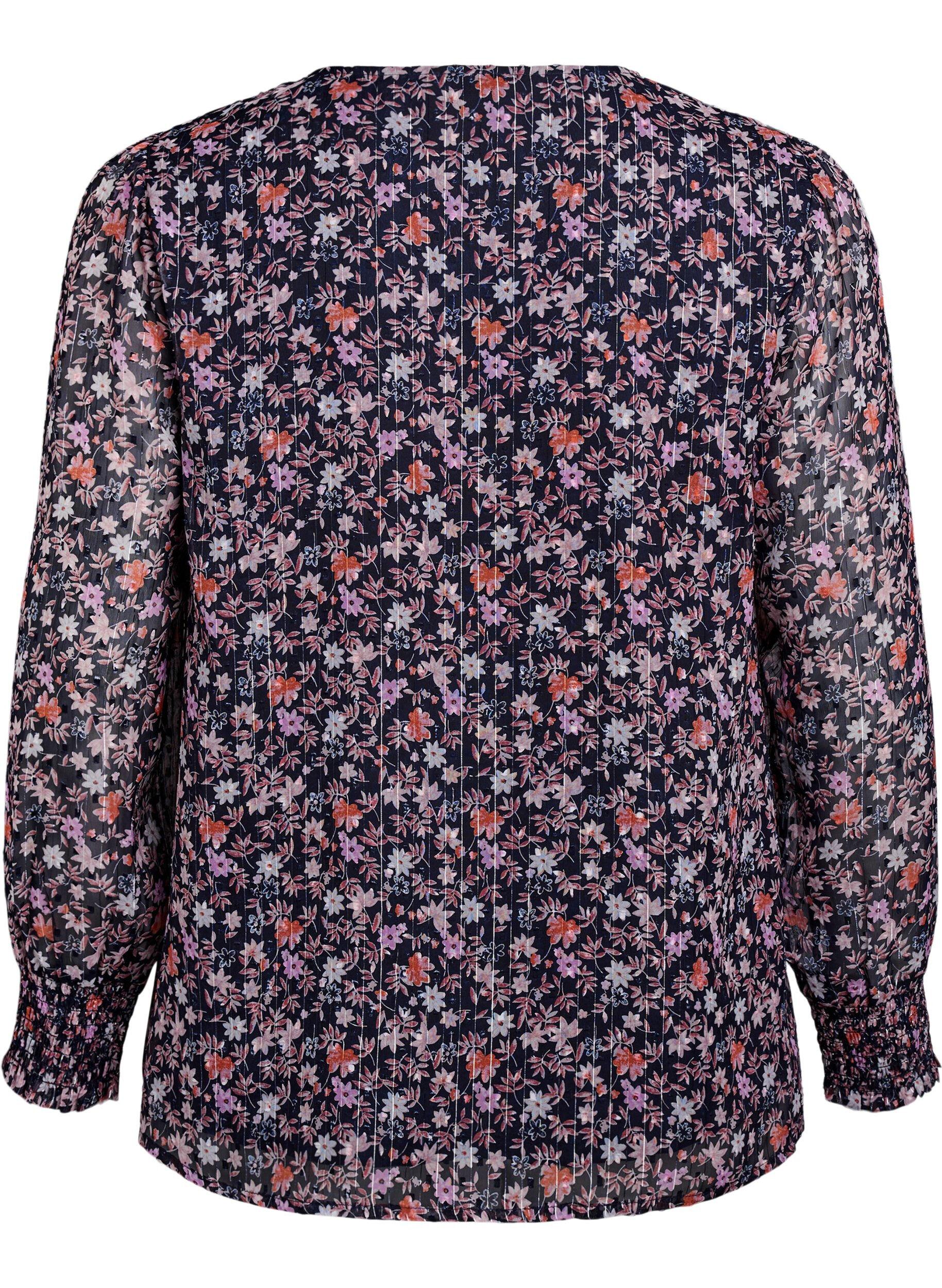 ZizziBlouse met bloemenprint en glitterdraad, Blauw, Packshot image number 1