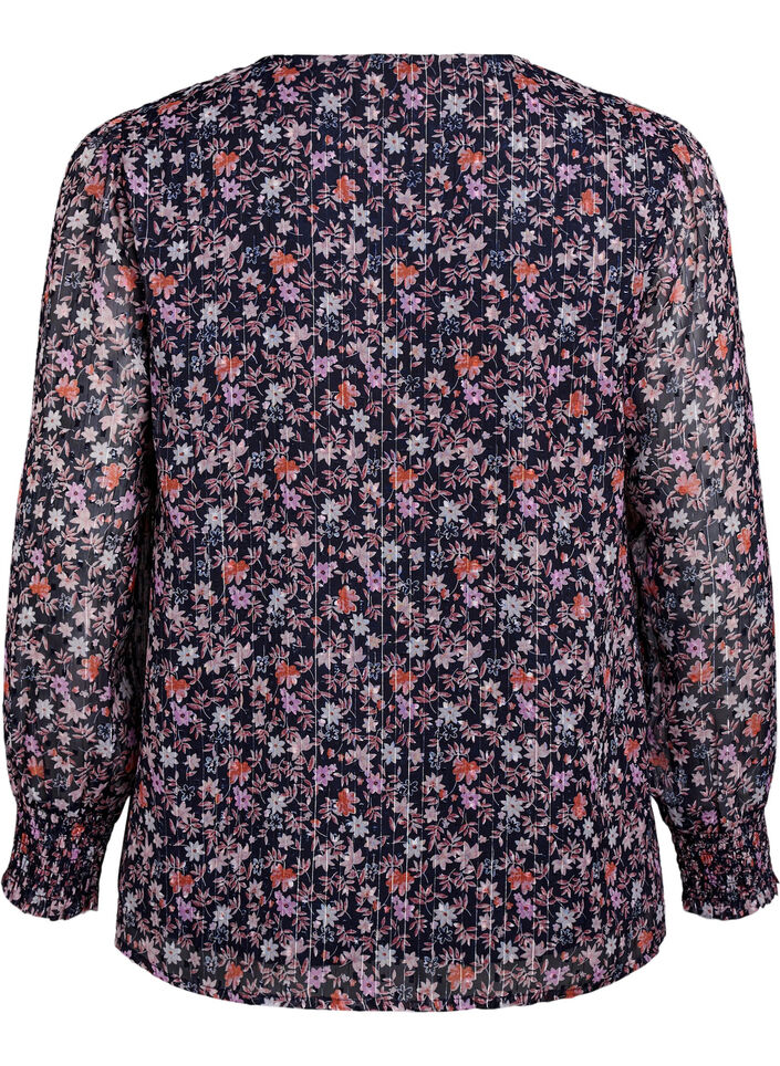 Blouse met bloemenprint en glitterdraad, Blauw, Packshot image number 1