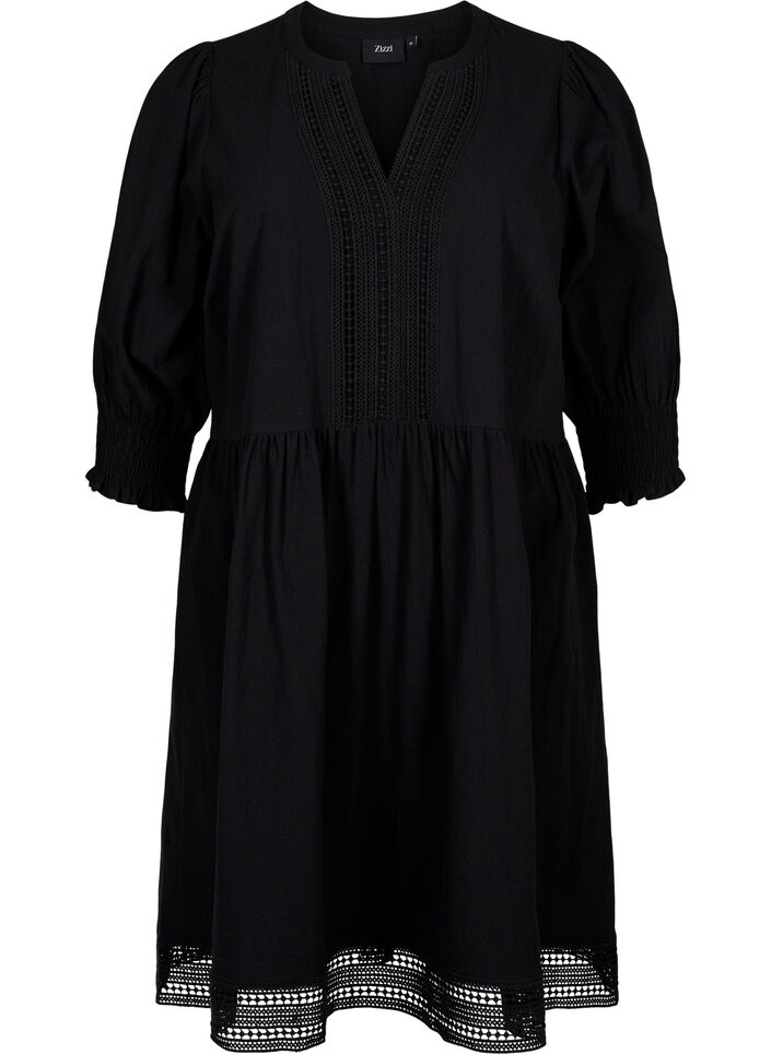 Robe en coton avec d&eacute;tails en crochet, Black, Packshot image number 0