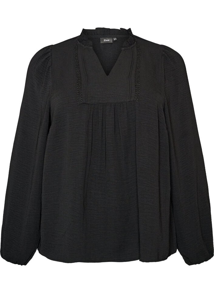 Blouse avec col en V et bande en crochet, Noir, Packshot image number 0
