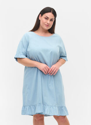 Denim jurk in katoen met korte mouwen, Light blue denim, Model image number 0