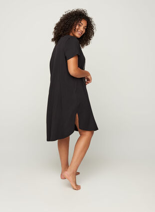 Katoenen pyjama jurk met korte mouwen en print, Black, Model image number 1