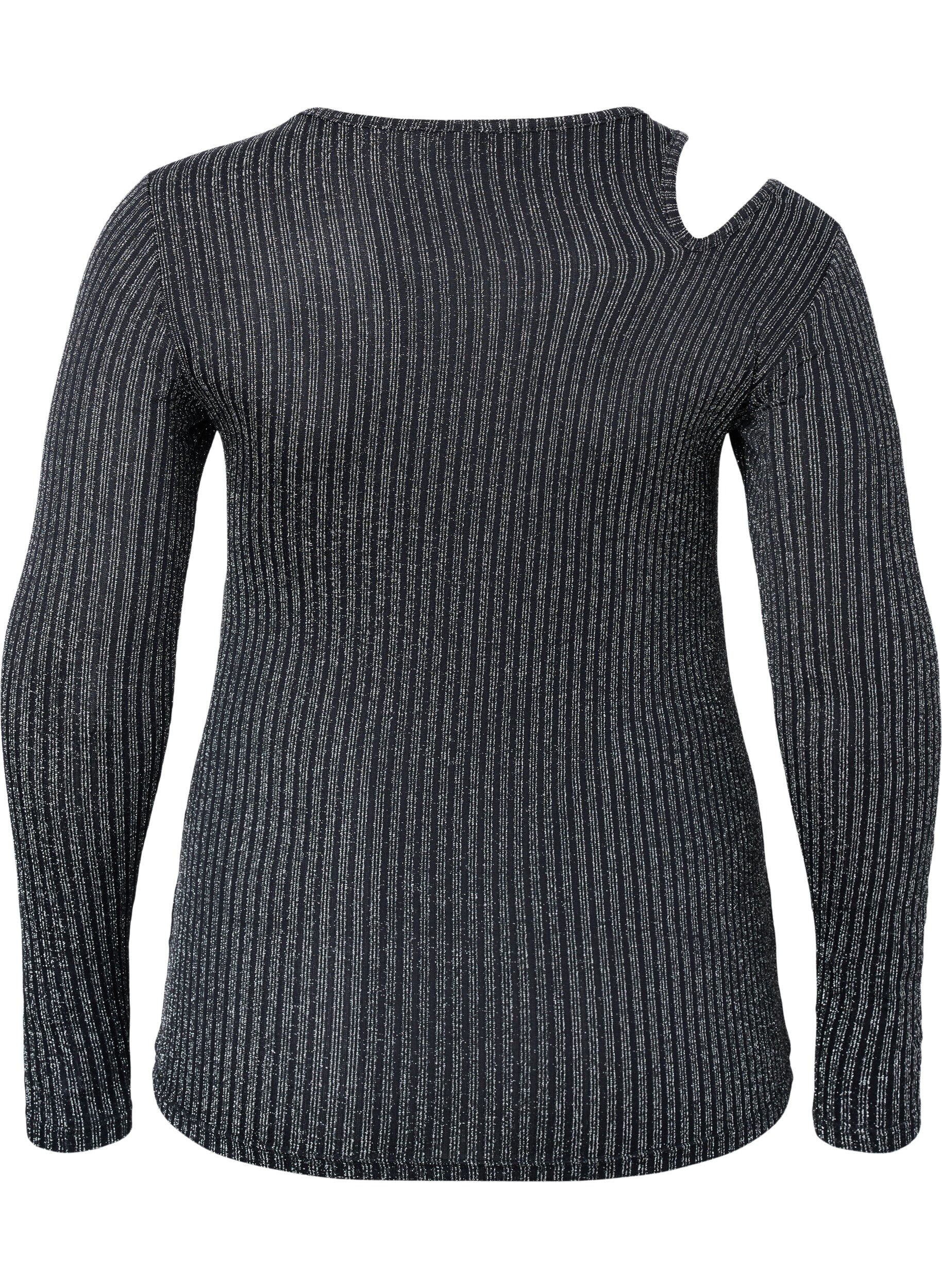 ZizziUitgesneden blouse met lange mouwen en glitter, B. w. Silver Stripes, Packshot image number 1