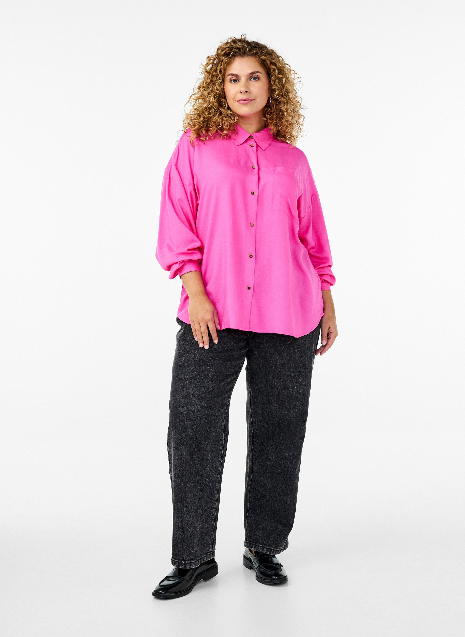 ZizziLinnen en viscose shirt met lange mouwen, Roze, Model image number 1