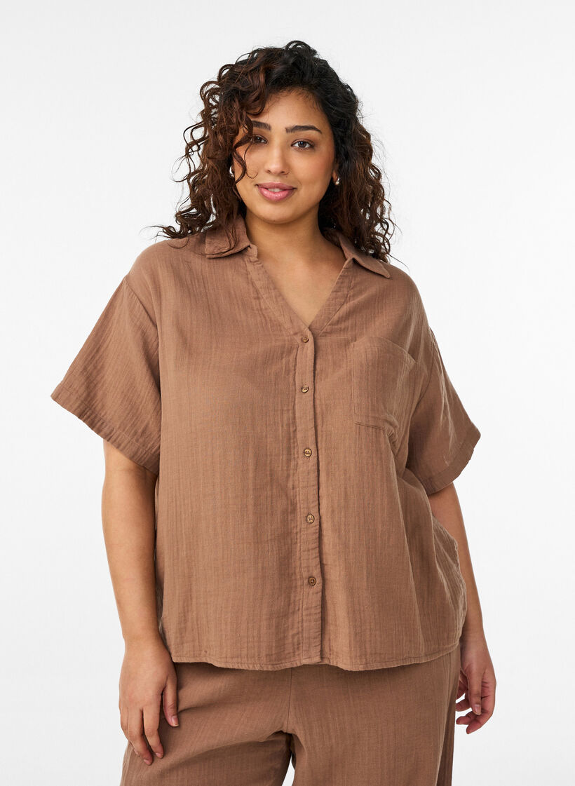 Blouse en mousseline de coton &agrave; manches courtes, Marron, Model