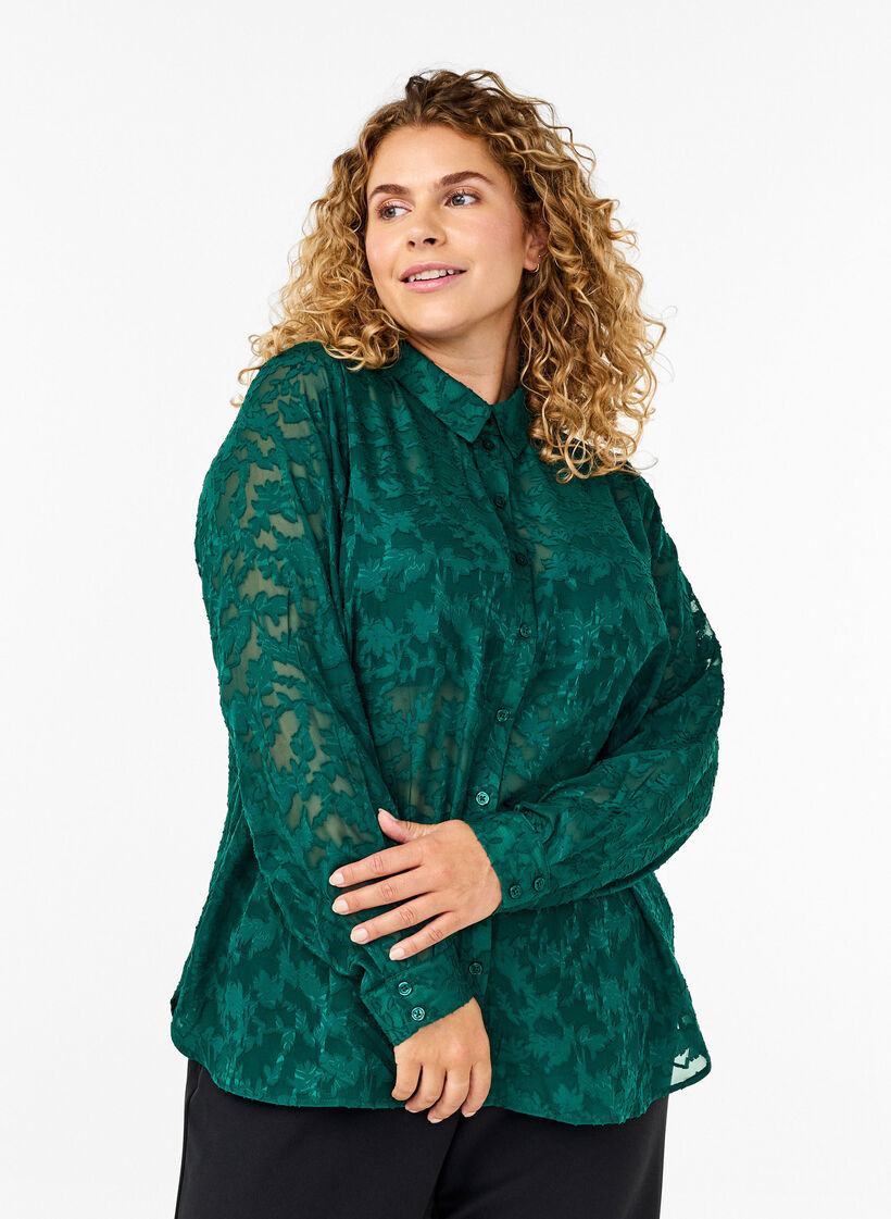 Une chemise en maille jacquard avec boutons, Rain Forest, Model image number 0