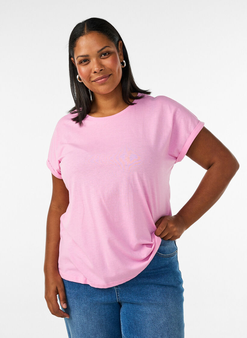 T-shirt met korte mouwen van katoenmix, Roze, Model image number 0