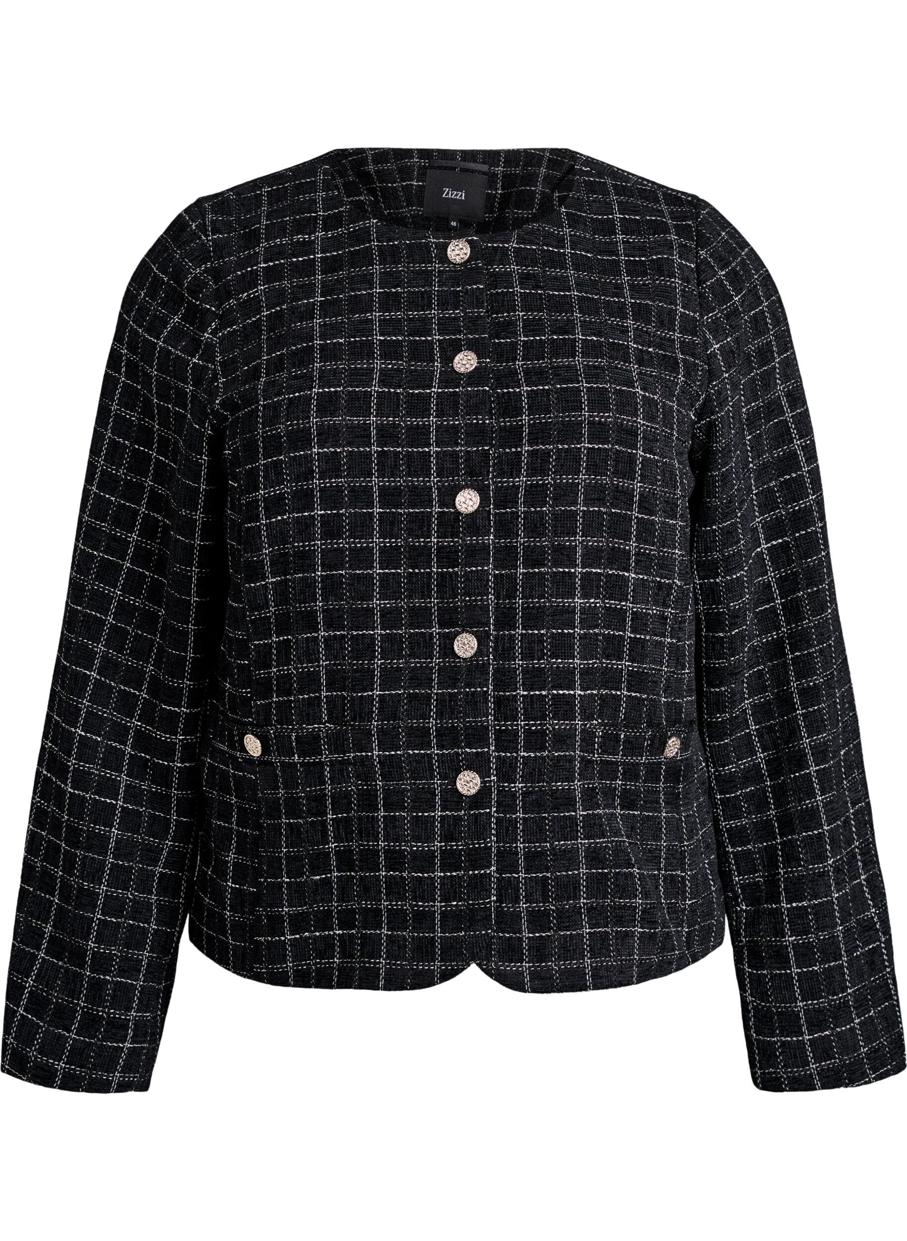 Korte boucl&eacute; blazer met ruitjes en ronde hals