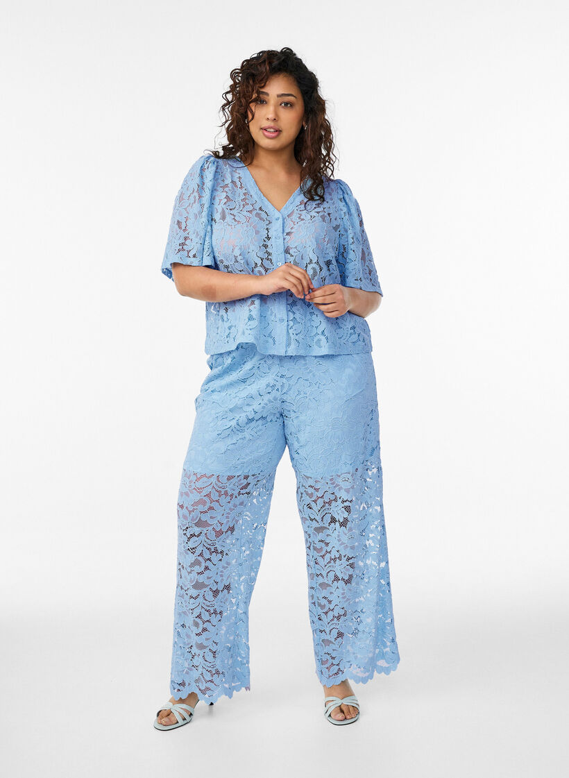 Hoog getailleerde kanten broek met rechte pijpen, Blauw, Model image number 0
