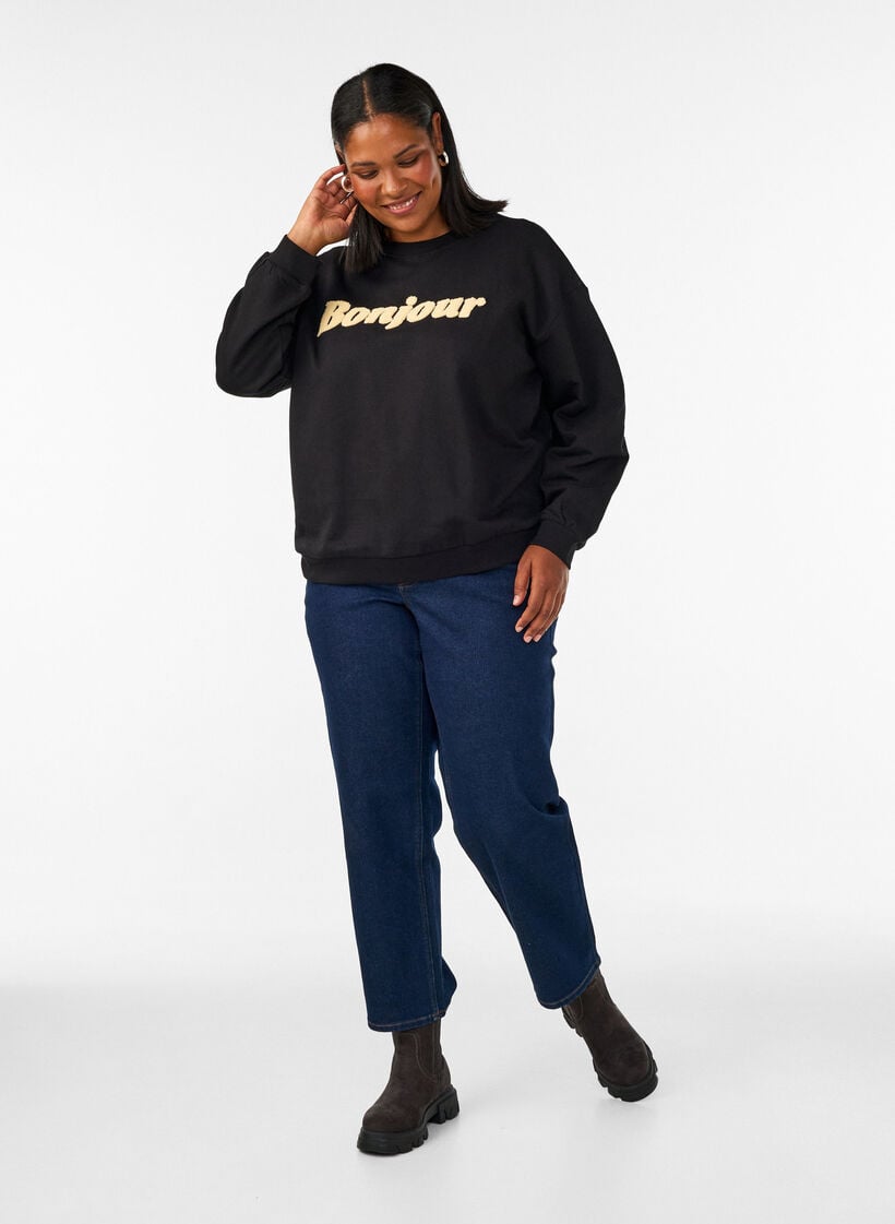 Sweat-shirt avec inscription en boucl&eacute;, Noir, Model image number 1