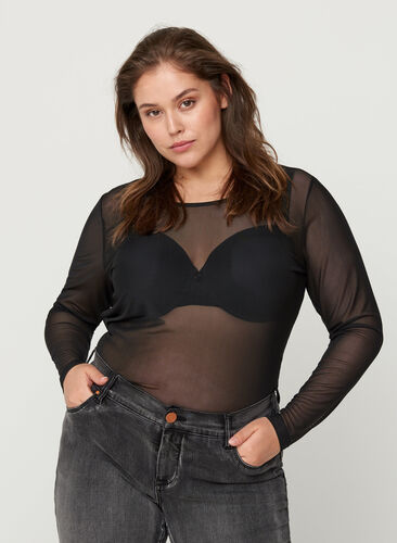 Mesh blouse met lange mouwen, Black, Model image number 0