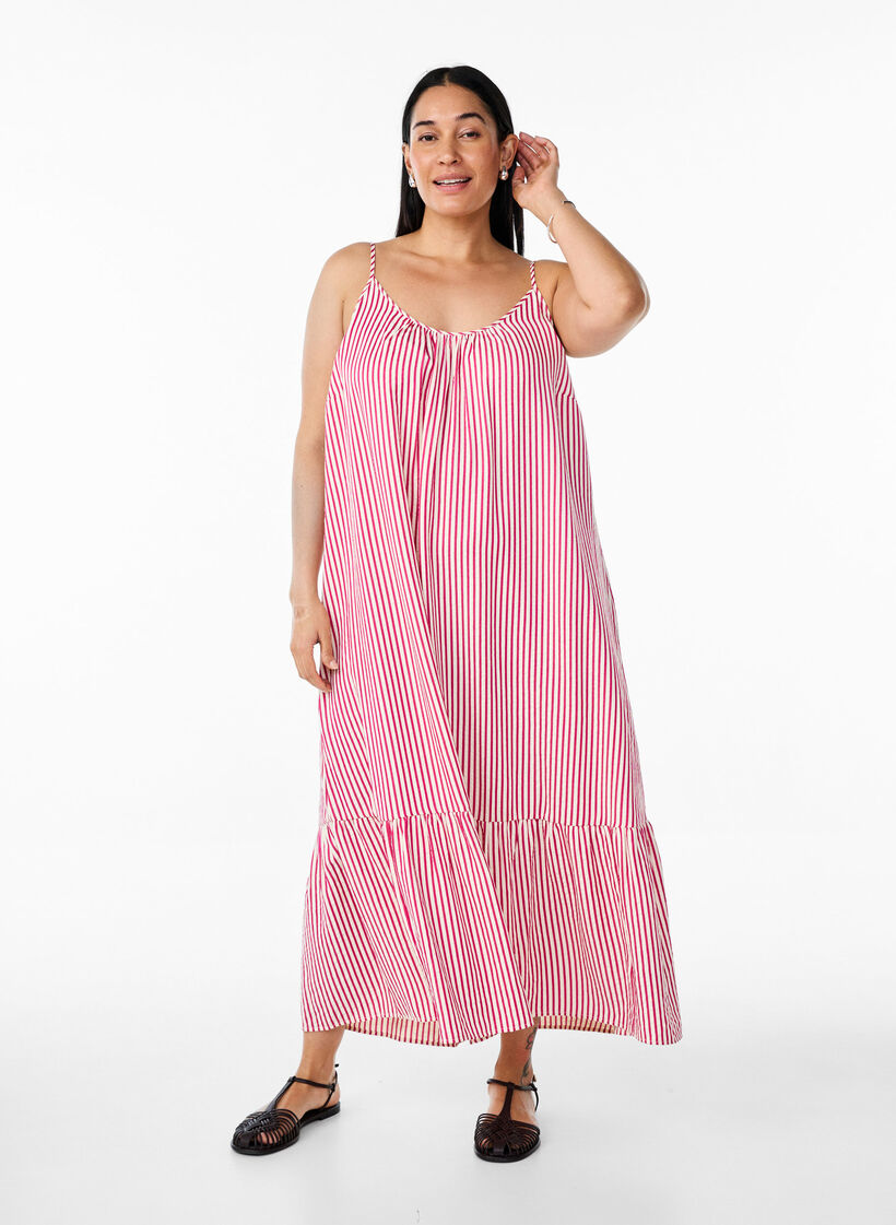 Robe d'&eacute;t&eacute; &agrave; rayures et &agrave; forme en A, Rose, Model image number 0