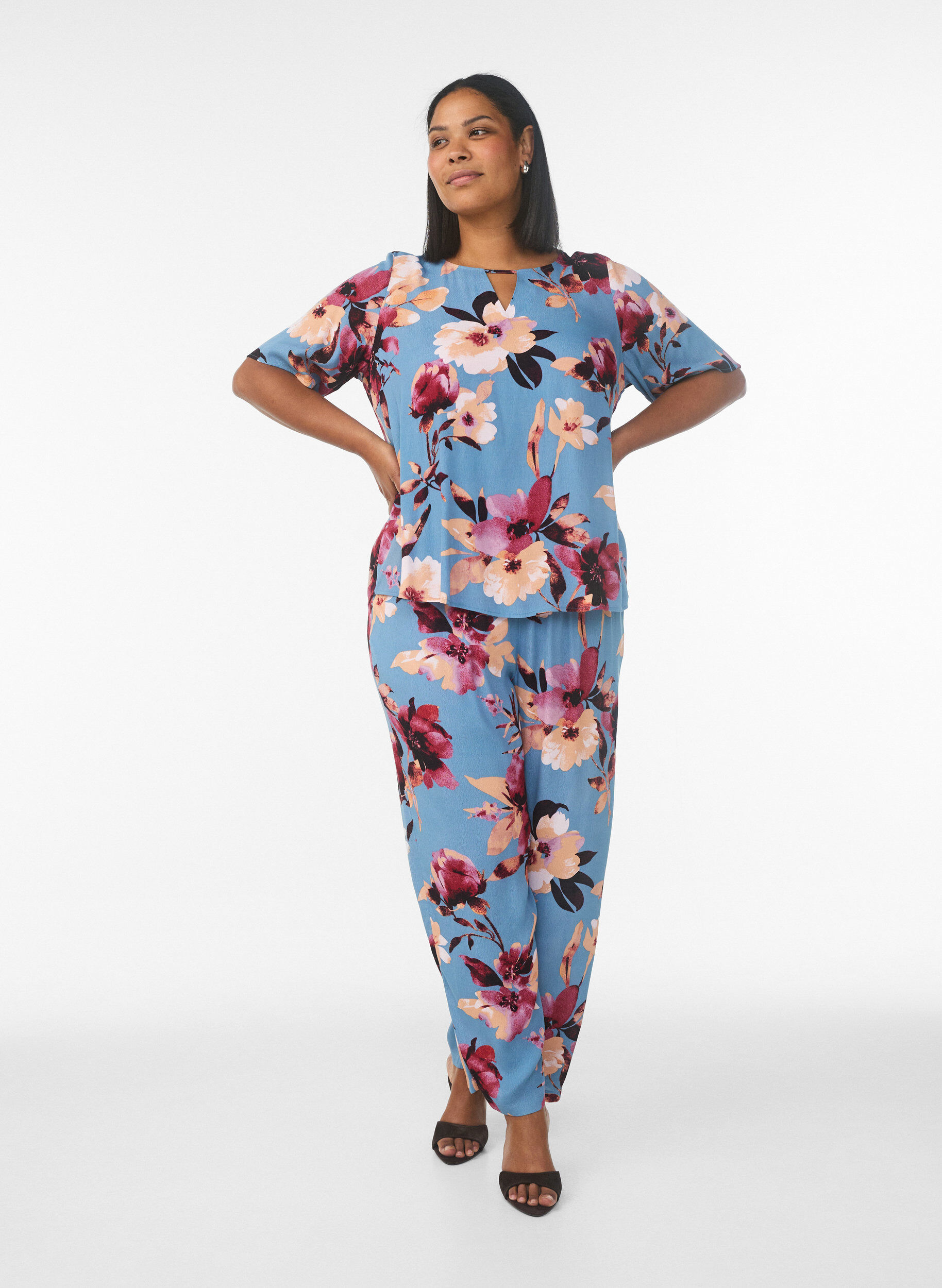 ZizziViscose blouse met korte mouwen met print, Blauw, Model image number 1