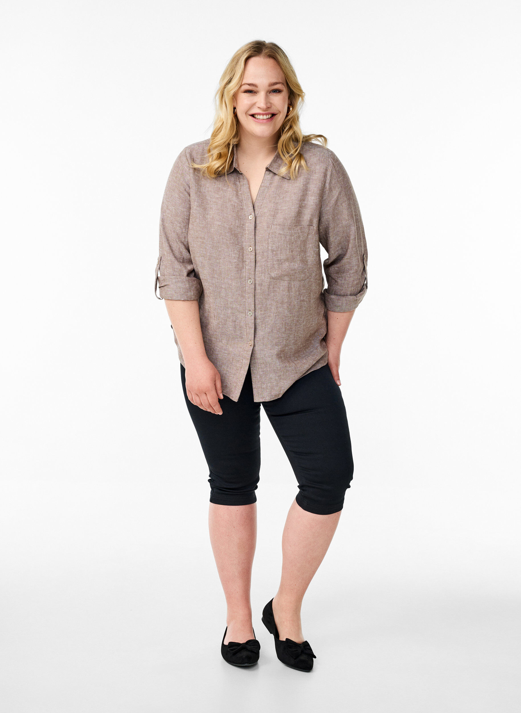ZizziLinnen en viscose shirt met 3/4 mouwen, Bruin, Model image number 1