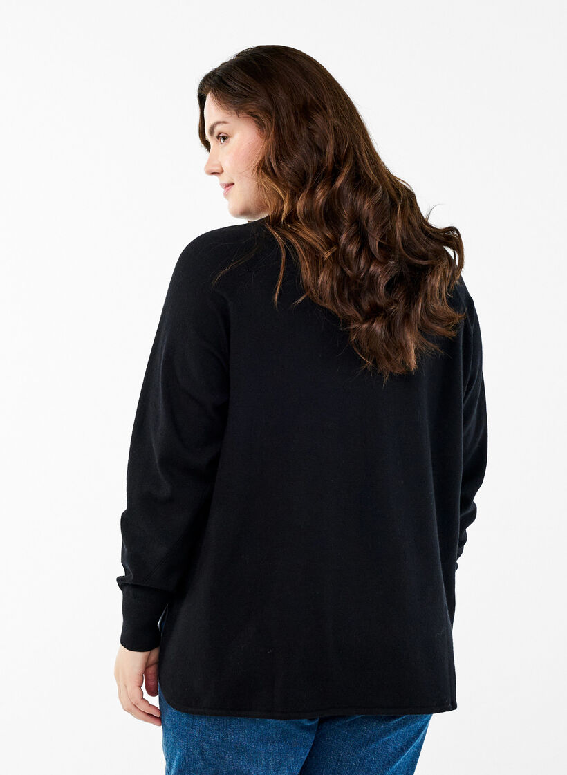 Gebreide blouse met ronde hals en gebreid patroon, Zwart, Model image number 2