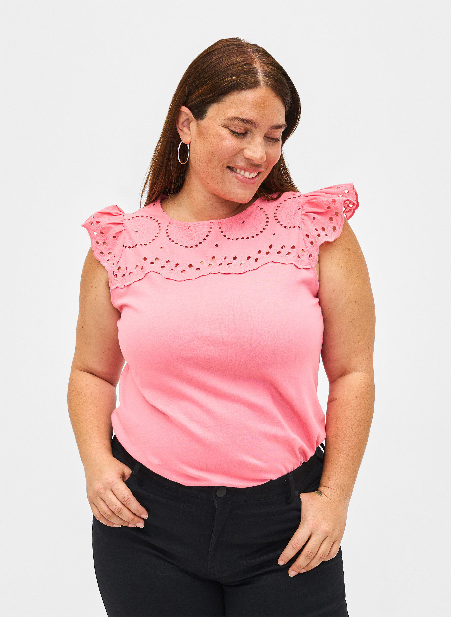 ZizziT-shirt van biologisch katoen met broderie anglaise, Strawberry Pink , Model image number 0