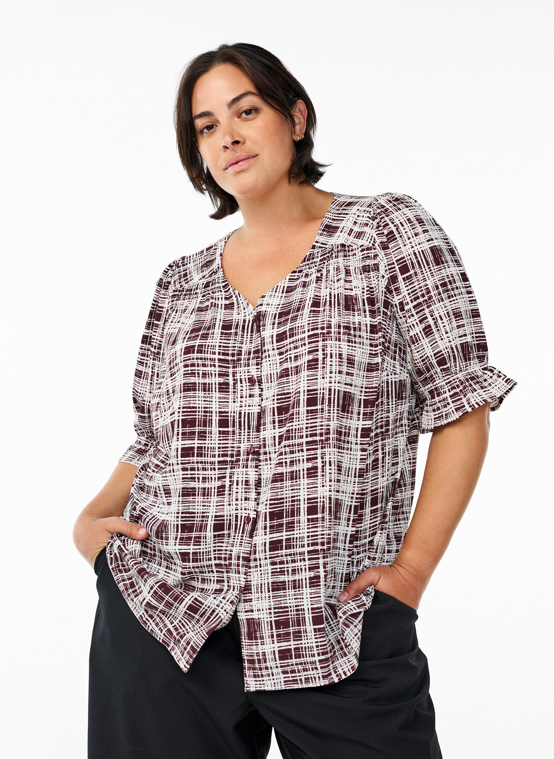 Shirtblouse met 1/2 mouwen, Donker Bordeaux, Model
