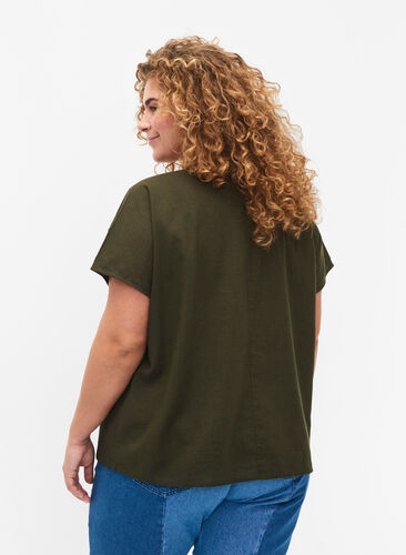 Katoenen blouse met korte mouwen van katoenmix met linnen, Forest Night, Model image number 1