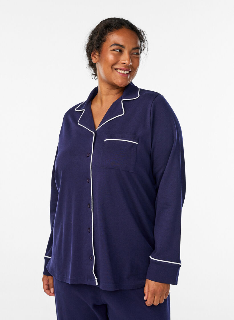 Katoenen pyjamashirt met borstzak, Blauw, Model image number 0