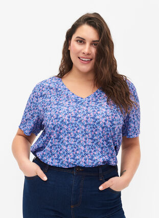 FLASH - T-shirt imprimé avec col en V, Blue Rose Ditsy, Model image number 0