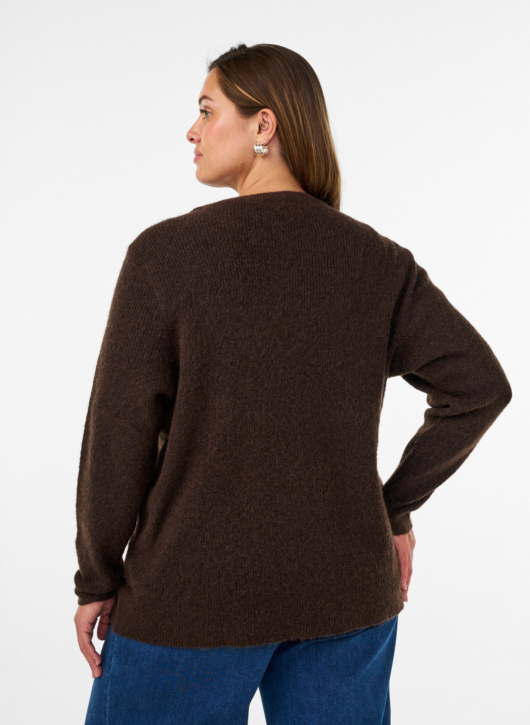 ZizziGem&ecirc;leerde gebreide blouse met ronde hals, Bruin, Model image number 2