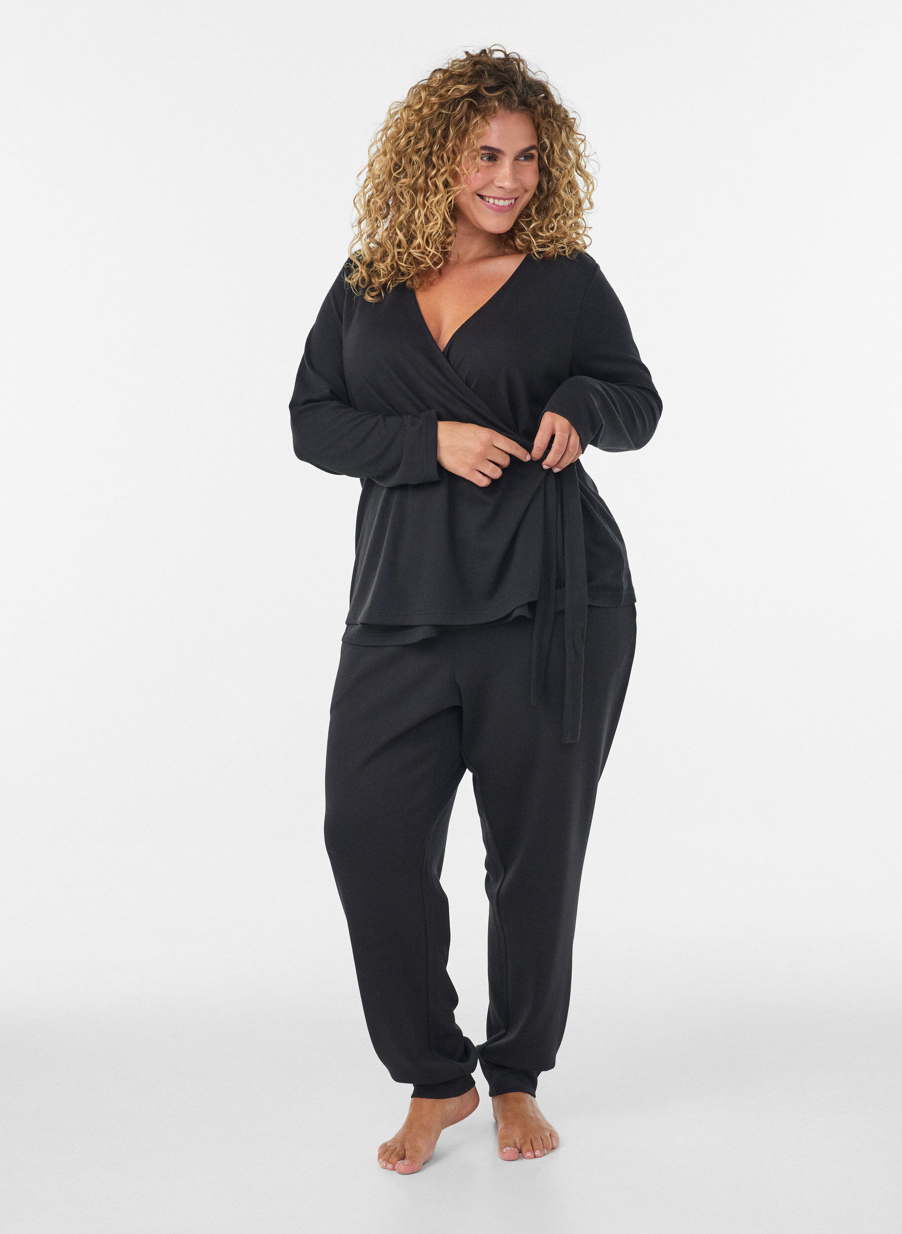 ZizziJersey wikkelblouse met een striksluiting, Zwart, Model image number 4