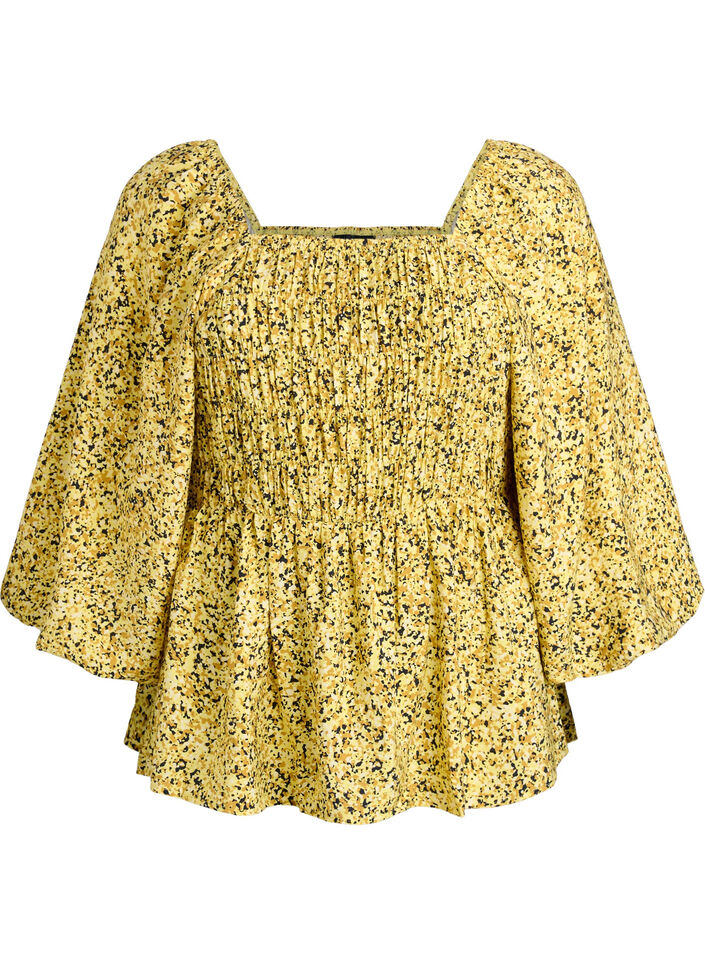 Blouse met smock en vierkante halslijn, Geel, Packshot image number 0