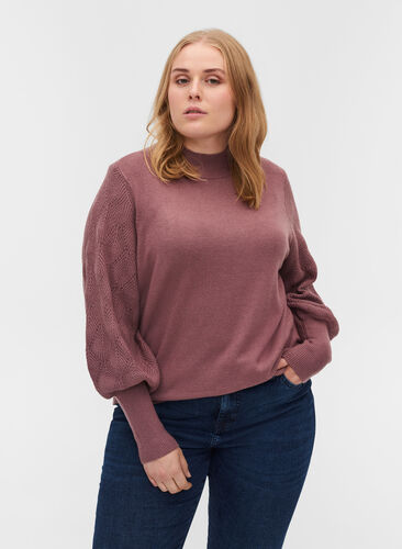 Blouse en tricot à col montant et manches bouffantes, Rose Taupe Mel., Model image number 0