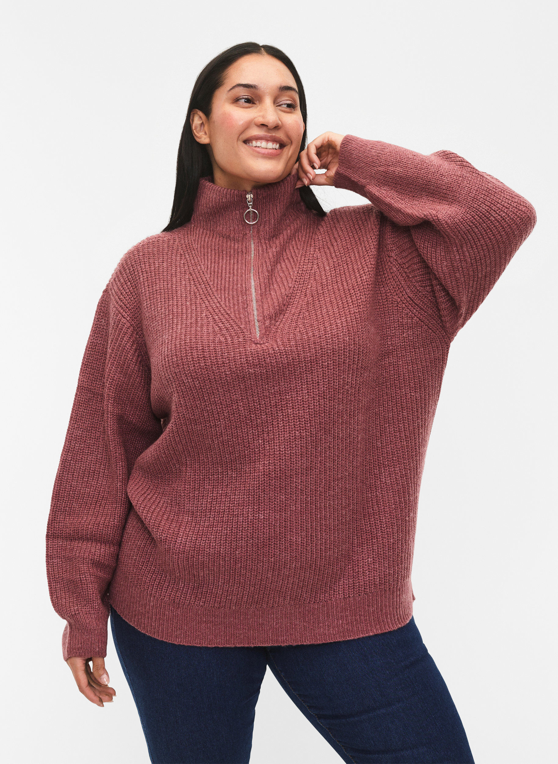 ZizziPull en tricot avec col haut et fermeture &eacute;clair, Rose poudr&eacute;e, Model image number 0