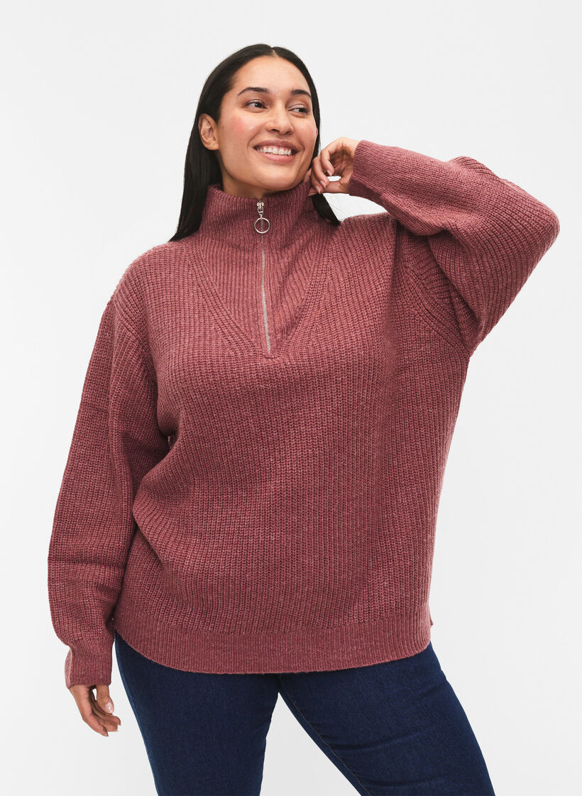 Pull en tricot avec col haut et fermeture &eacute;clair, Rose poudr&eacute;e, Model image number 0