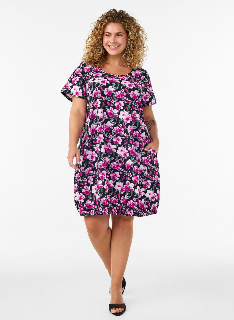 Katoenen jurk met korte mouwen en print, Zwart, Model image number 1