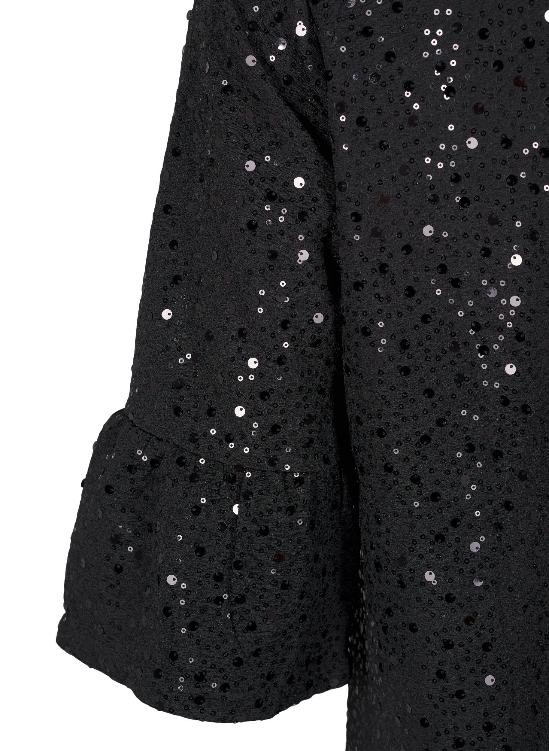 Zizzi Robe &agrave; paillettes avec col en V et manches 3/4, Black w. Bl. Sequins, Packshot image number 3