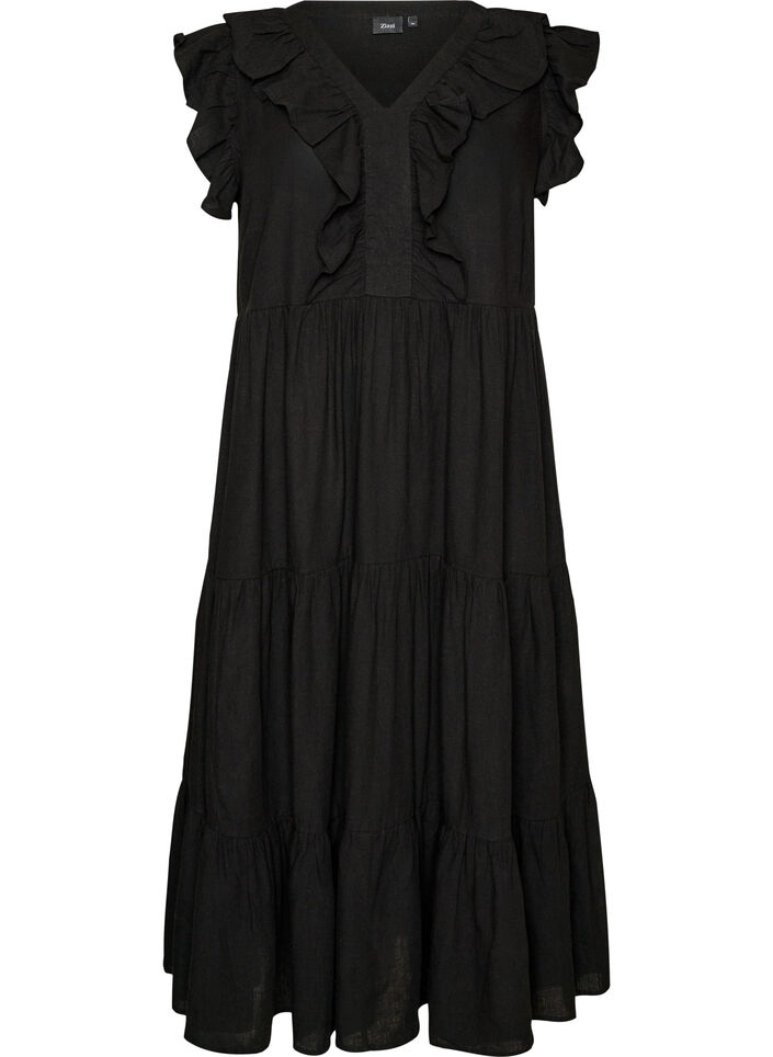 Mouwloze midi jurk in linnen en viscose met ruches, Zwart, Packshot image number 0