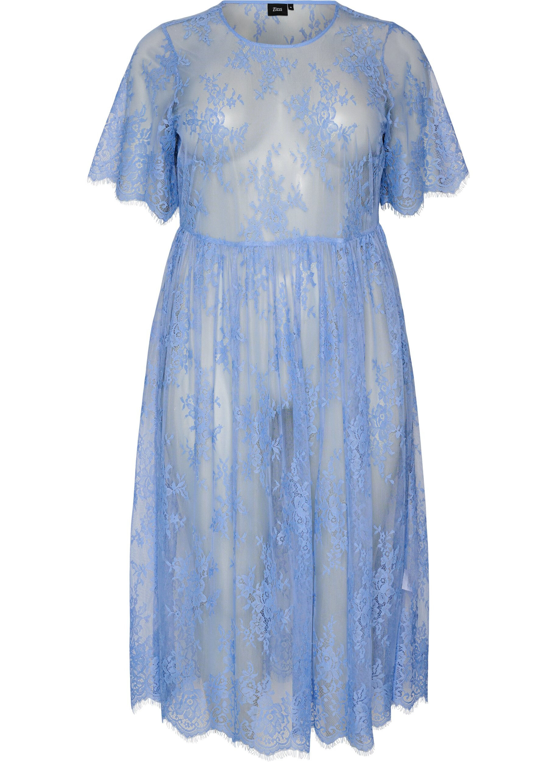 Robe mi-longue en dentelle transparente &agrave; manches courtes