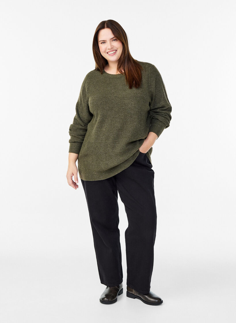 Gem&ecirc;leerde gebreide blouse met ronde hals, Groen, Model image number 1