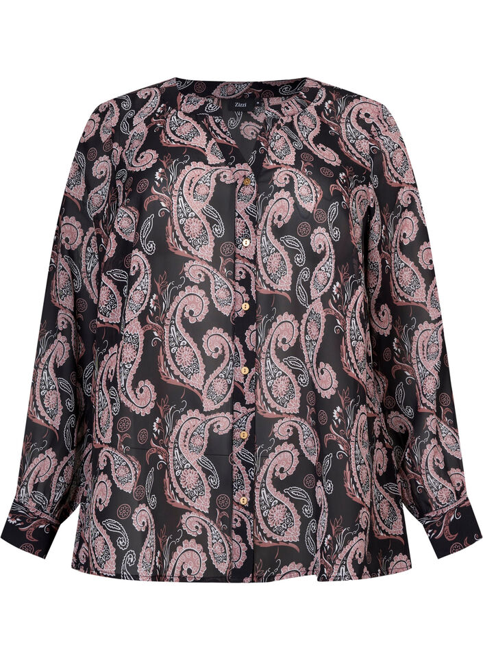 Blouse met v-hals en print, Black/Beige Paisley, Packshot image number 0