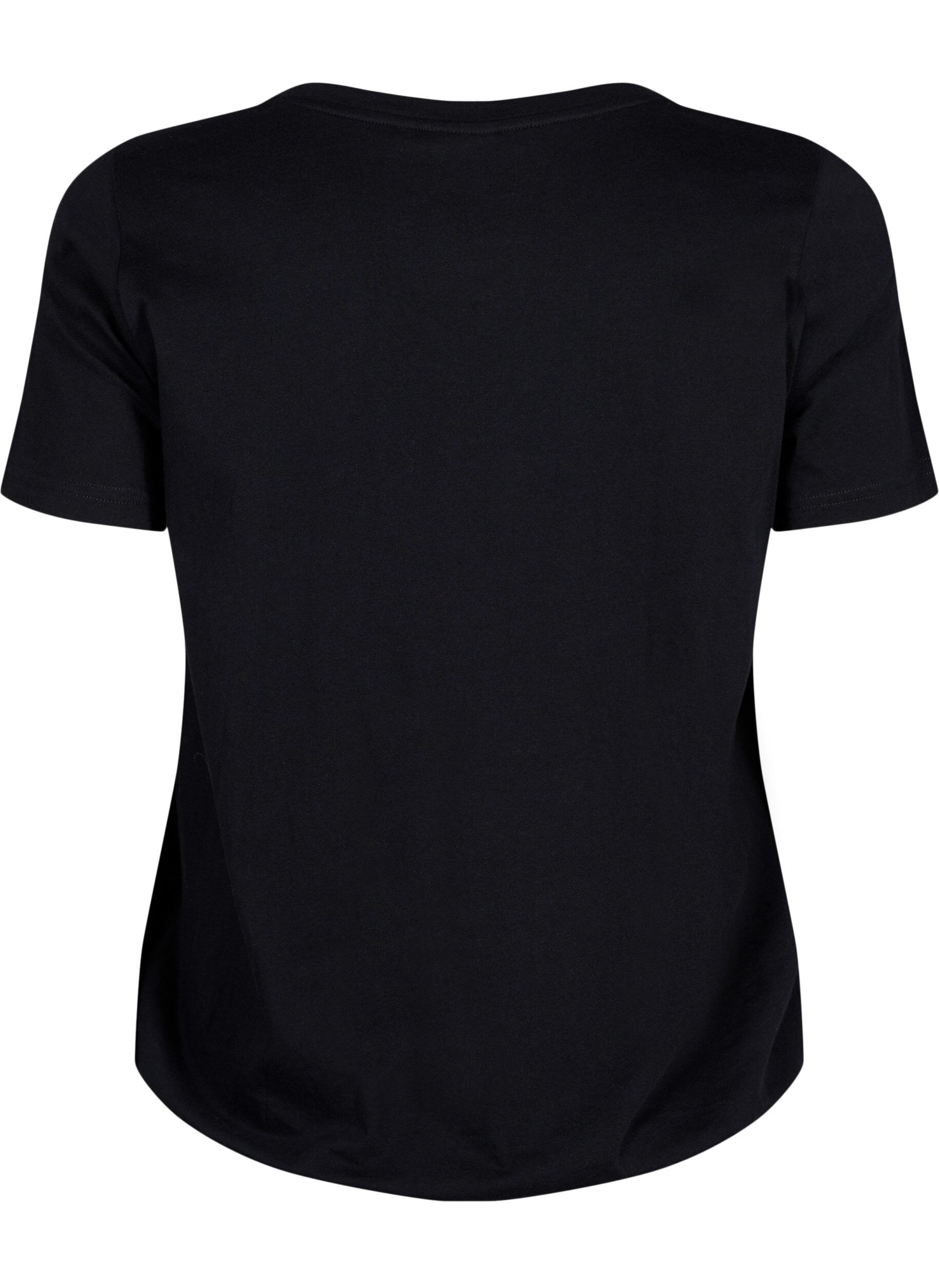 ZizziKatoenen t-shirt met korte mouwen en elastische rand, Black w. Live, Packshot image number 1