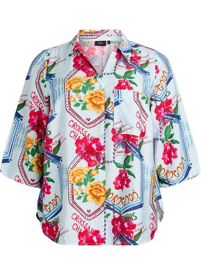 Shirtblouse met mouwen tot aan de ellebogen en kleurrijke print, Blauw, Packshot image number 0