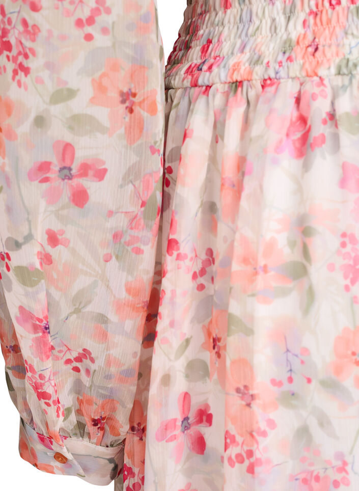 Robe midi fleurie avec effet portefeuille et smocks, Orange clair, Packshot image number 3