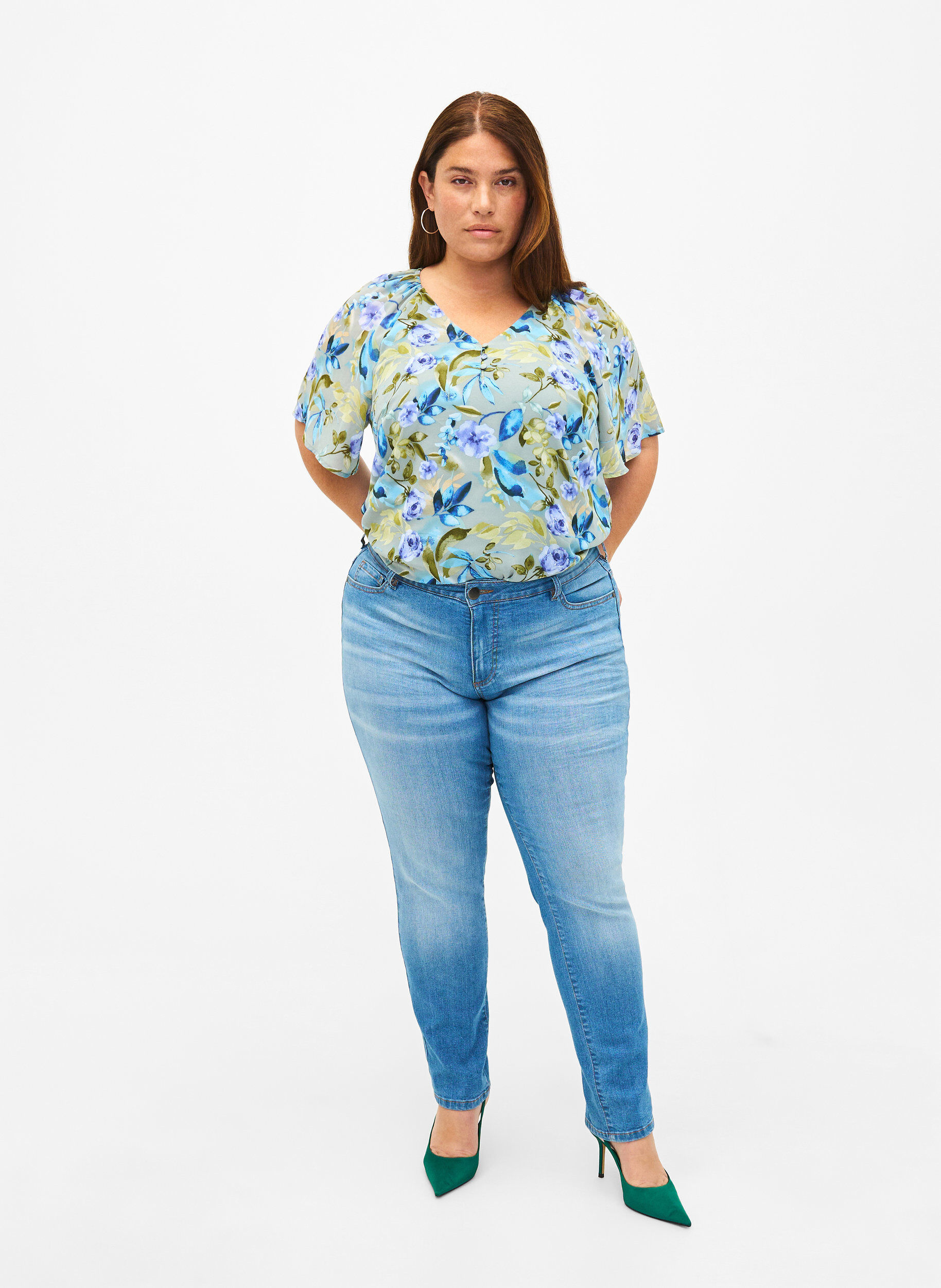 ZizziGebloemde feestblouse met korte mouwen, Wrought Iron AOP, Model image number 2