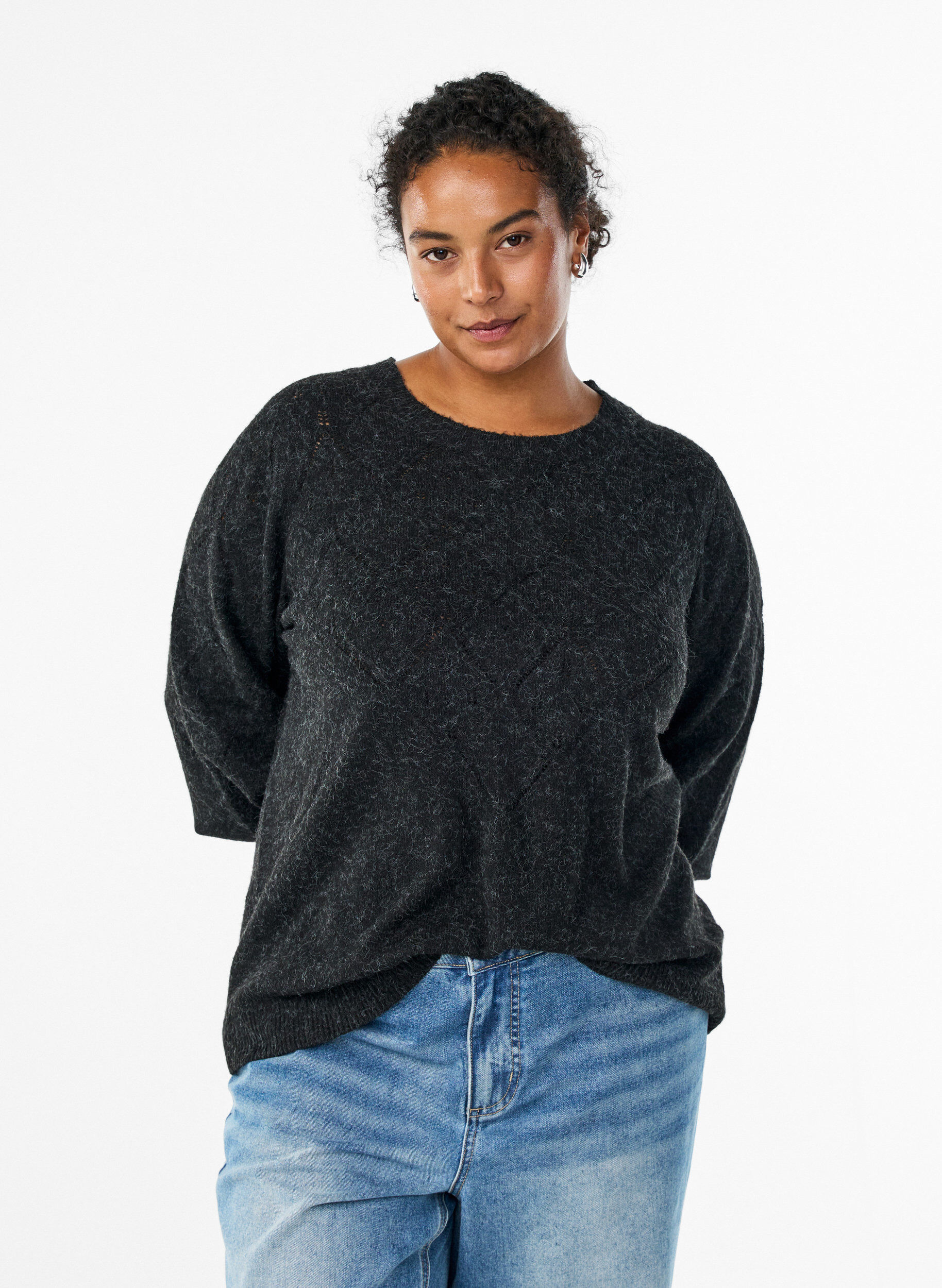 ZizziGebreide top met opengewerkt patroon en ballonnen mouwen, Grijs, Model image number 0