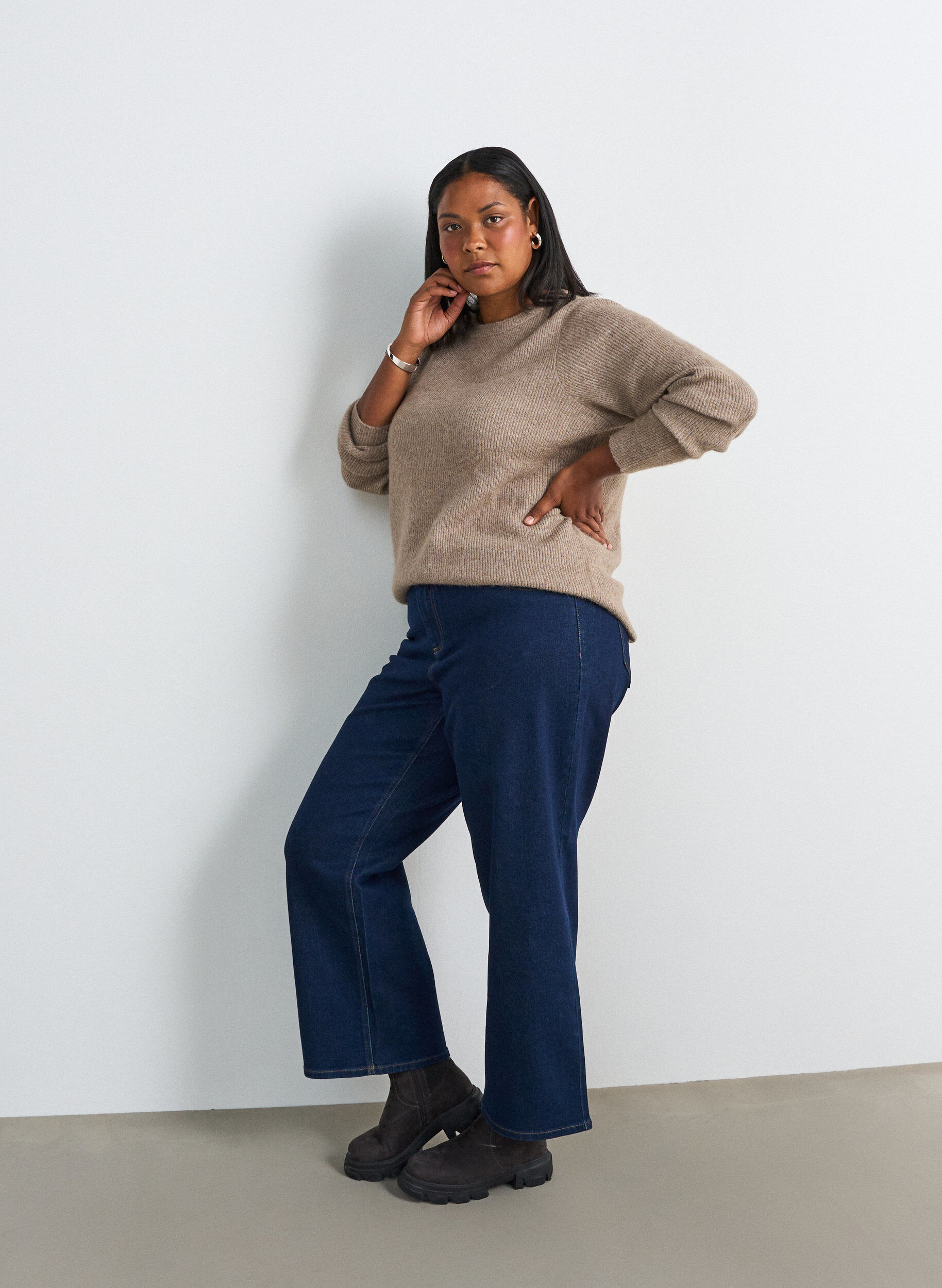 ZizziGem&ecirc;leerde gebreide blouse met ronde hals, Beige, Model image number 1