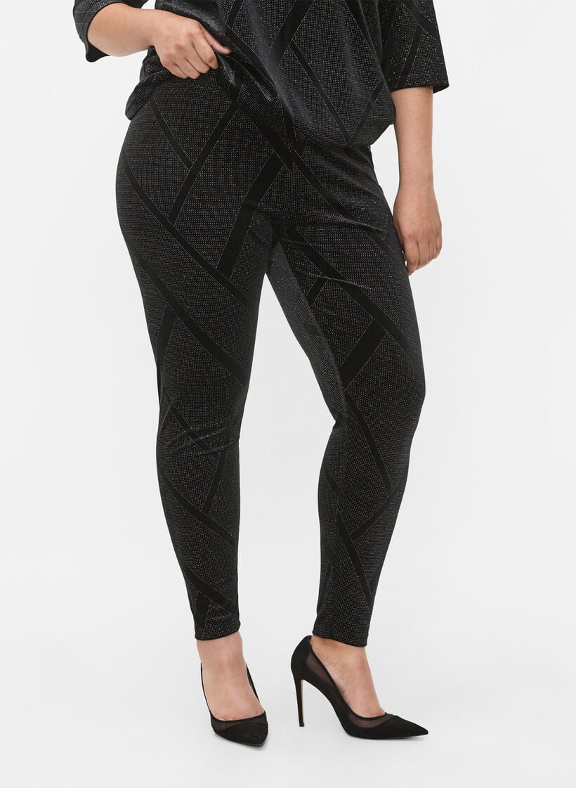  Leggings van velour met glitter en patroon, Zwart, Model image number 1