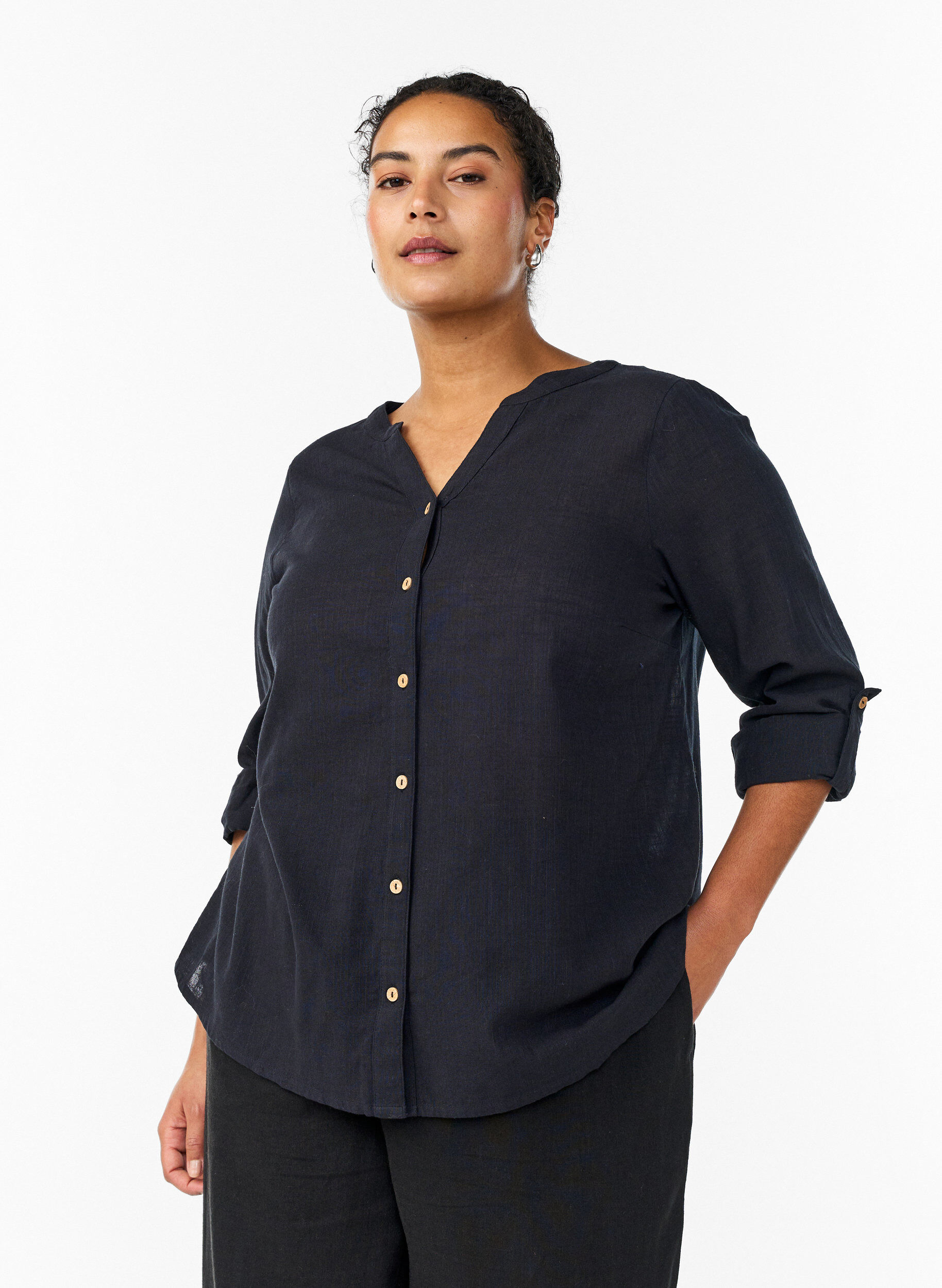 ZizziKatoenen blouse met V-hals, Zwart, Model image number 0