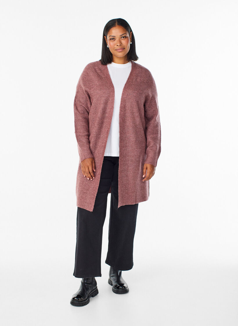Lange geribde cardigan met een open voorkant, Roze, Model image number 1