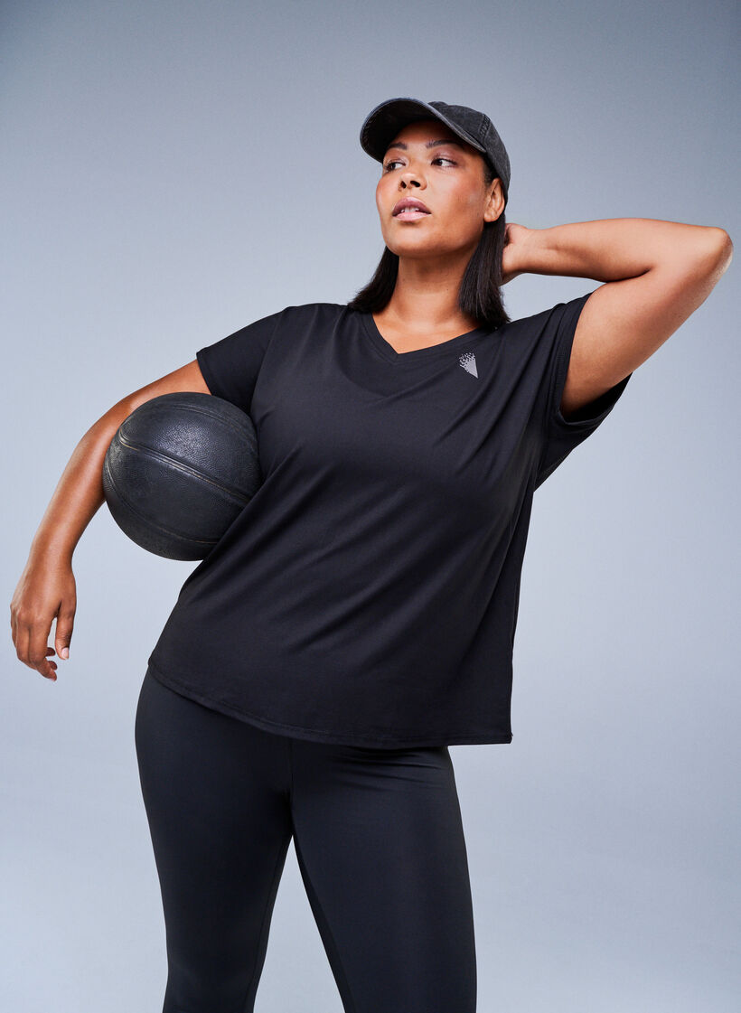T-shirt de sport ample avec col en v, Noir, Image image number 0